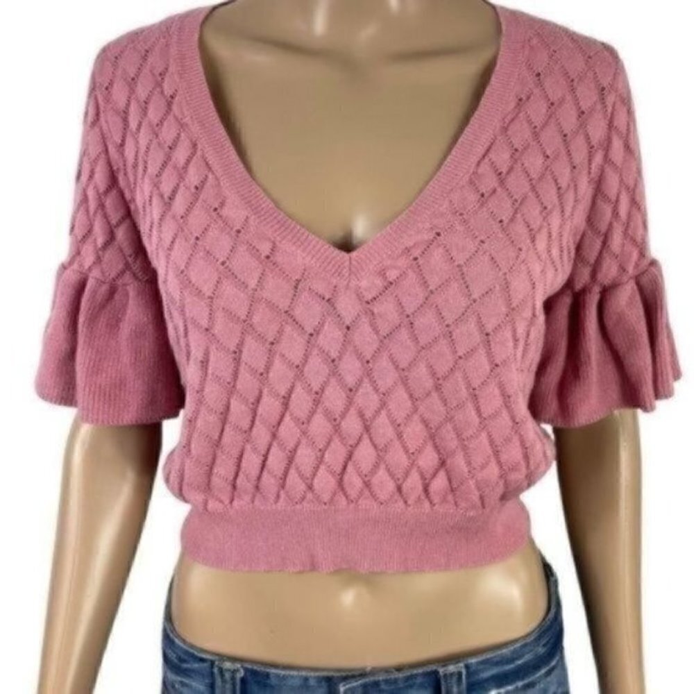 Revolve Tularosa Pink V-Neck Crop top dusty Rose flutter sleeve Sweater medium